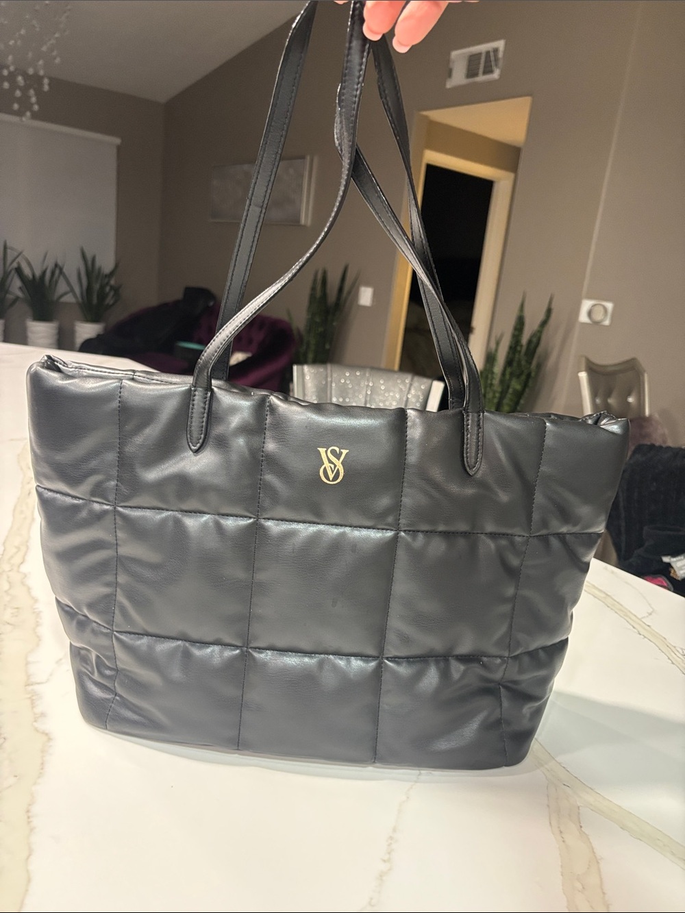 Victoria's Secret Black Quilted Tote with Gold Logo